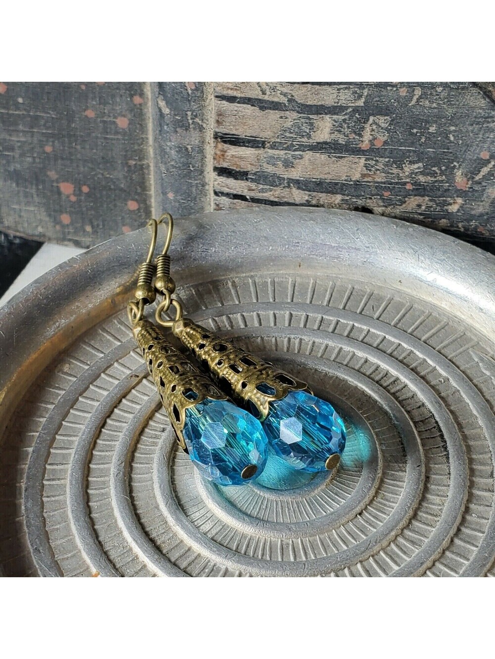 Faceted Turquoise Blue Crystal Antique Bronze Filigree Teardrop Earrings